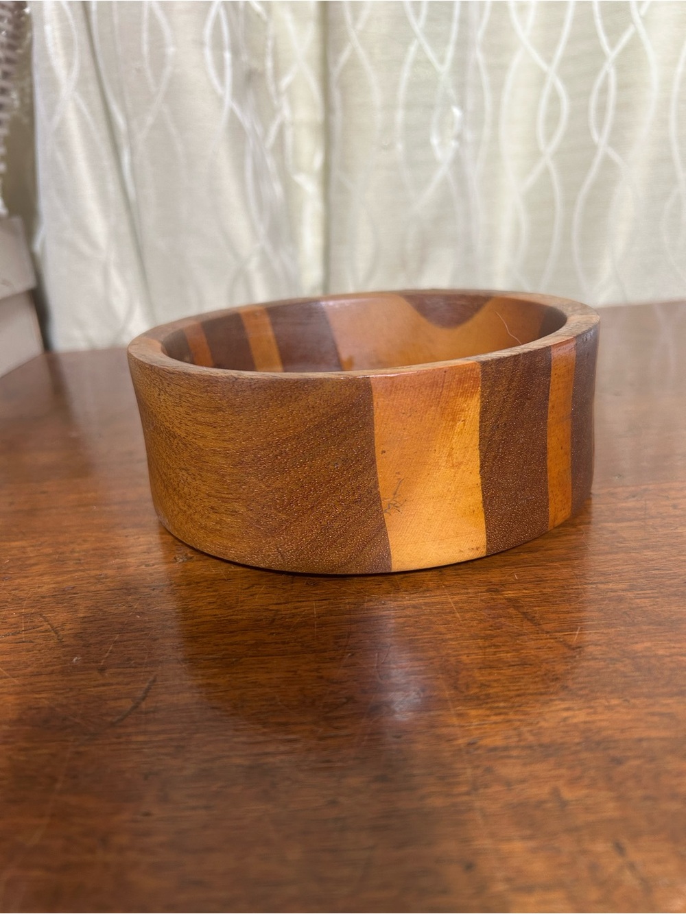 Hand Crafted Striped Wood Serving Bowl Trinket Dish in Brown and Tan